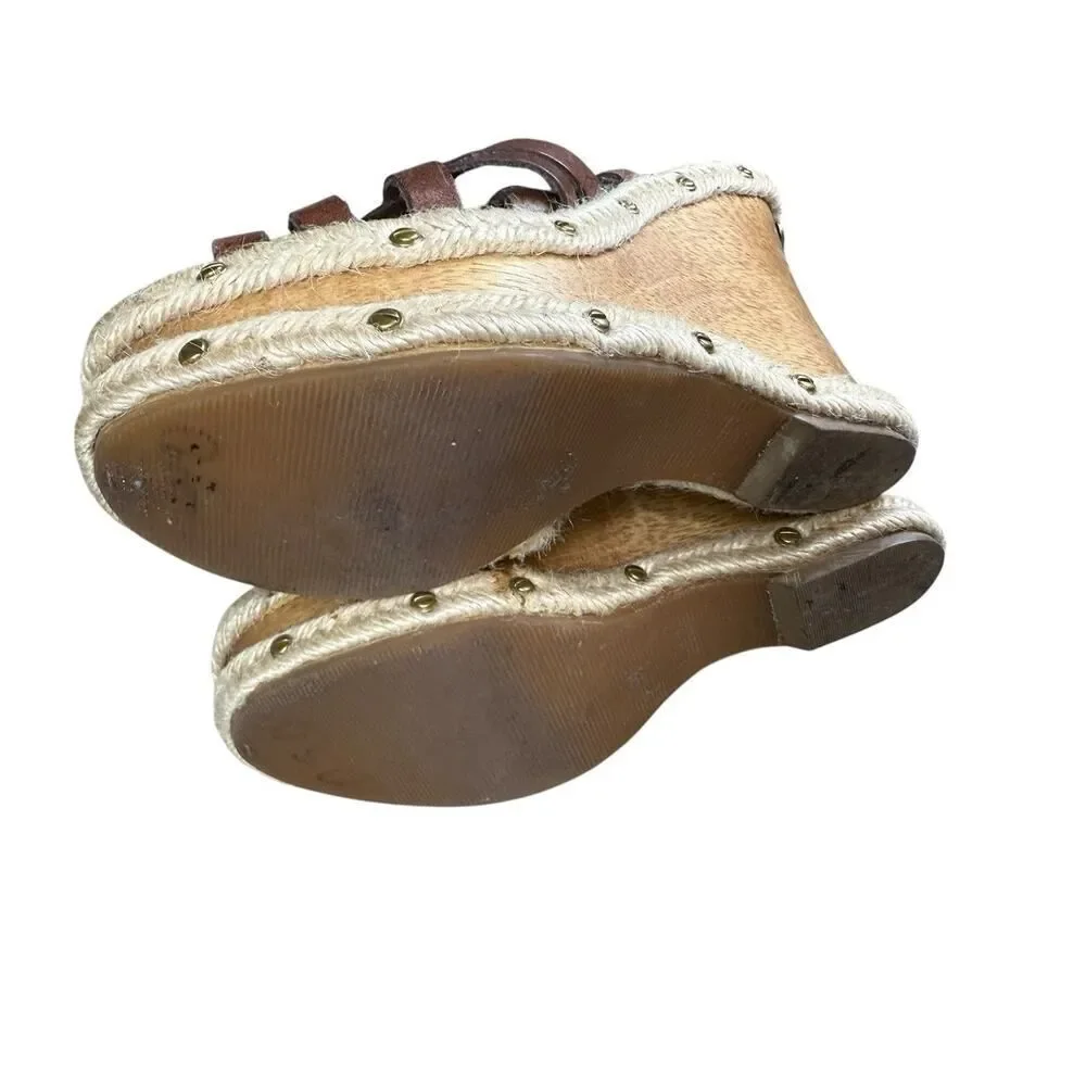 Michael Kors Y2K Brown Leather Studded Espadrille Wedge Sandals Size 6